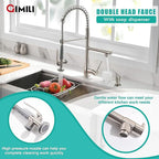 GIMILI Commercial Kitchen Faucet with Pull Down Sprayer, Double Headed Single Handle High Pressure Kitchen Faucet with Soap Dispenser Brushed Nickel