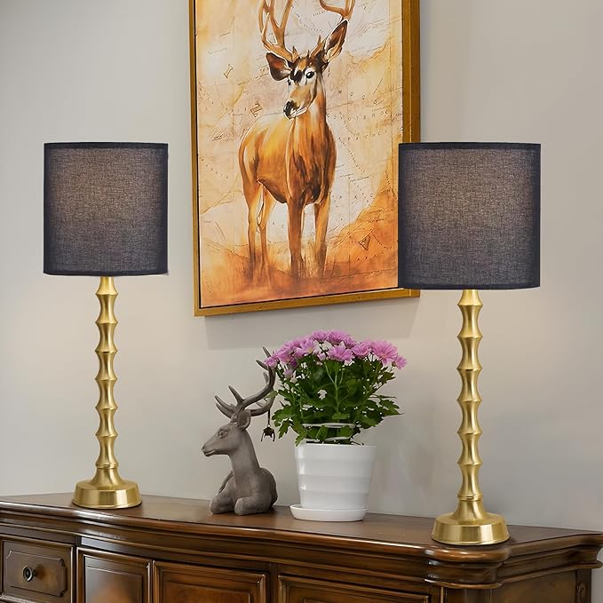 Set of 2 Gold Table Lamps, 30.5" Electroplated Gold Bamboo Base with White Linen Shade, Tall Buffet Lamps for Dining Room, Living Room, Bedroom Decor