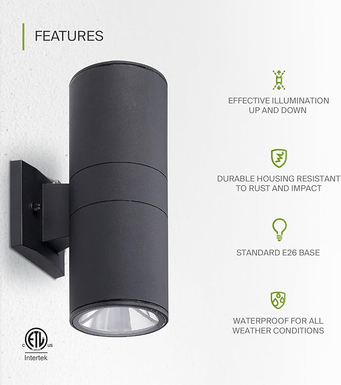 ASD 2 Light Dusk to Dawn Outdoor Wall Light Fixture | 120W E26 Bulb Socket 120V ETL Cylinder Up Down Lights | LED/CFL/Incandescent Bulb Exterior Wall Sconce | Front Door, Porch, Patio | Black, 6 Pack
