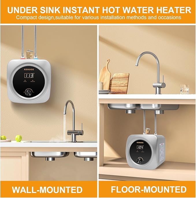 Mini Tank Water Heater Electric 2.5 Gallon Under Sink Instant Hot Water Heater with LED Dsiplay,T&P Valve,3-Way Diverter,110V 120V Point Of Use Water Heaters for Kitchen RV Bathroom Gray