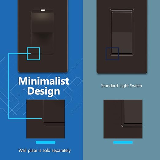 LIDER Minimalist Design Matte Finish Lighted Decorator Switch, Frameless Paddle Light Switch with Locator Light, Grounding Screw, 3-Way or Single Pole, 15A 120V, UL Listed, LS15-3W-BR, Brown