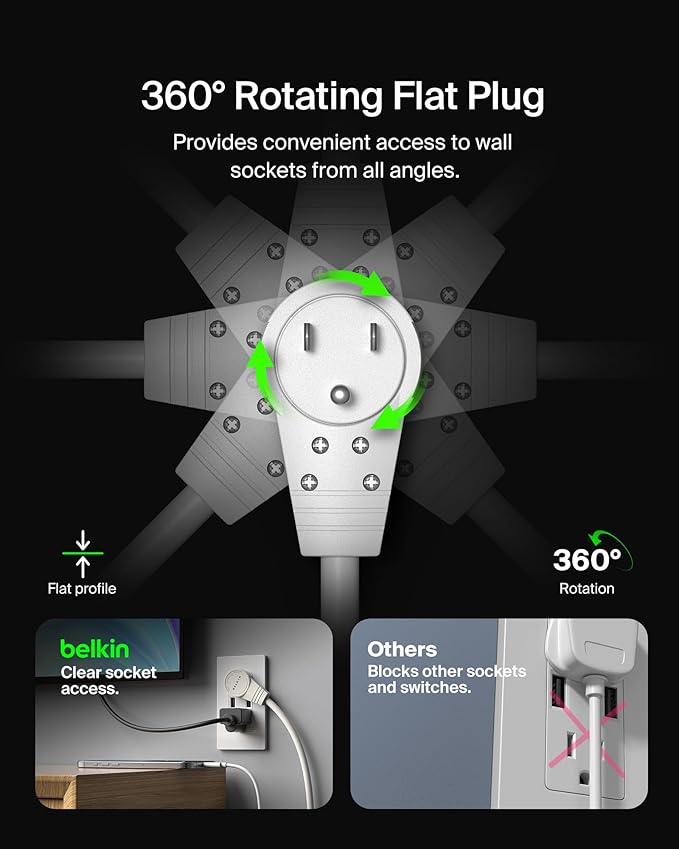 Belkin 6-Outlet Surge Protector Power Strip, 6ft Cord, 360° Rotating Plug - 1080 Joules Protection
