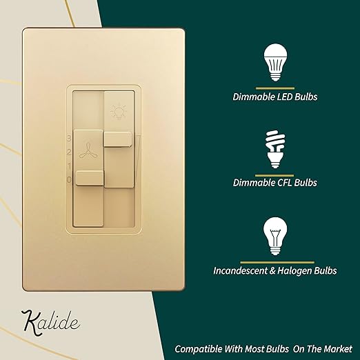 TOPGREENER Kalide Combo Dimmer Switch with 3-Speed Fan Control, Light and Fan Combination Switch, Single Pole, 2.5A, 200W LED/CFL, Neutral Wire Not Required, TGDSFS3-GD,Gold