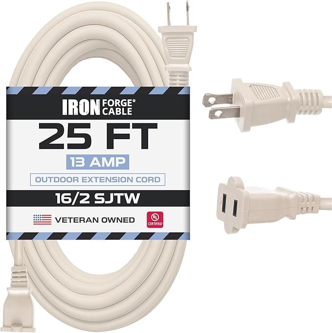 Iron Forge Cable 2 Prong Extension Cord 25 ft - 16 Gauge 13 Amp Heavy Duty Outdoor 2 Prong Power Cord - SJTW - Great for Landscaping, Deck, Outdoor Lights - Tan