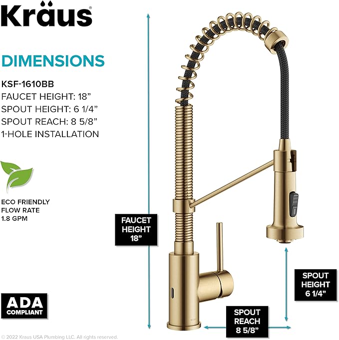 KRAUS Bolden Touchless Sensor Commercial Style 2-Function Single Handle Pull Down Kitchen Faucet in Spot-Free Brushed Brass, KSF-1610BB