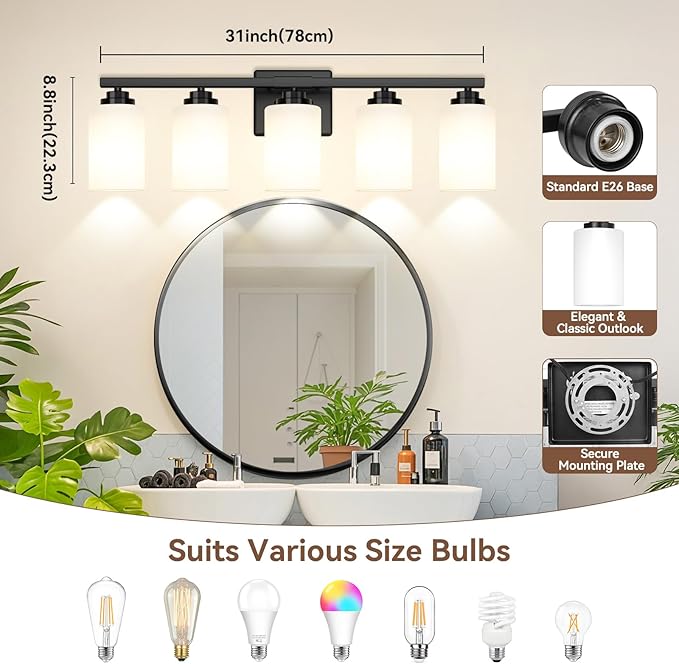 5-Light Bathroom Light Fixtures, 31" Modern Vanity Lights Over Mirror with Milky White Glass Shade, Matte Black Light Fixture, Classic Wall Light Fixture for Mirror Living Room Cabinet Bedroom Porch