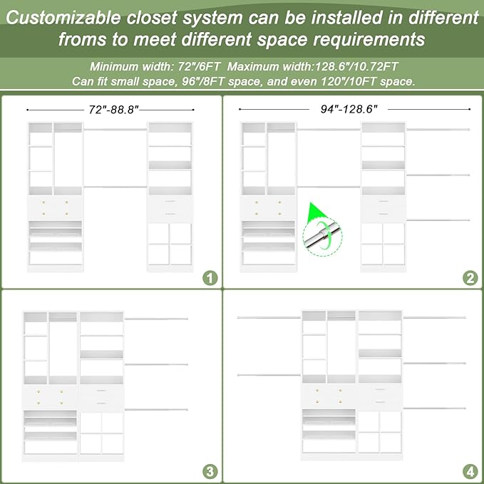 Closet System, Up to 128.6"/10.7 FT Closet Organizer with 4 Wooden Drawers and Shelves, Walk-in Closet System with 6 Hanging Rods, Built-in Closet Can Fit 96"/8FT, 120"/10FT, White