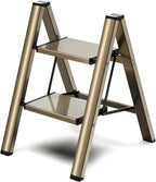 GameGem 2 Step Ladder, Folding Step Stool with Wider Pedal, Anti-Slip Feet & Non Slip Stripes, Aluminum Sturdy Material, 300Lbs Capacity, Elegant Look of Champagne Gold Better Matches Your Home