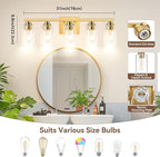 5-Light Gold Bathroom Light Fixtures, 31" Modern Vanity Lights Over Mirror with Clear Glass Shades,Brushed Gold Wall Light Fixture for Bathroom Mirror Bedroom Porch, Hardwired Wall Sconces