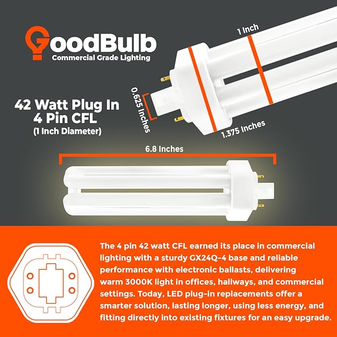 GoodBulb 42 Watt CFL Light Bulbs 4 Pin GX24Q-4 Base 3000K Warm White 42W High Output 3200 Lumens Triple Tube Compact Fluorescent Light Bulbs Plug-in 10 Pack