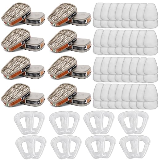6001 Filter Cartridges Replacement for Gas Respirator, 16pcs Filter Cartridges + 16pcs Filter Covers + 64pcs Filter Cottons, Apply to 6100/6200/7501/7502/6502/6800