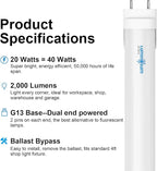 T8 LED Tube Light Bulbs 4 Foot 20W 40W Equivalent 5000K Daylight 2000LM, T8 T10 T12 Fluorescent Replacement, Dual-end Powered Ballast Bypass, Frosted Cover ETL Listed for Garage 16-Pack