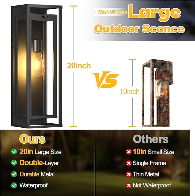 Large Motion Sensor Outdoor Lighting-20in Dusk to Dawn Modern Waterproof Sconce Wall Mounted E26 Black Porch Lights Exterior Lighting Fixture for Coach Doorway Patio