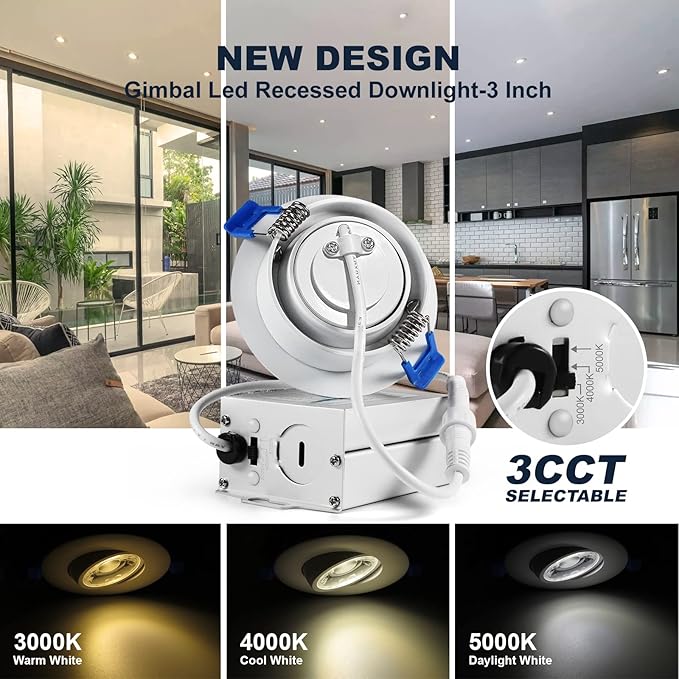 Sublimation 4 Packs 3 Inch Gimbal Led Recessed Light with Junction Box 10w,Waterproof recessed Lights for Shower,3 Colors Adjustable,Suitable for Bathroom,Parlor,Bedroom,Kitchen,Balcony