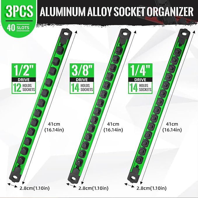 Magnetic Socket Organizer, 3-Piece Heavty Duty Aluminum Socket Holder, Socket Rail for Tool Box, Premium Quality 360° Swivel Socket Rack Kit with 40 Clips for 1/2, 3/8, 1/4-Inch(Green)
