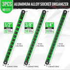 Magnetic Socket Organizer, 3-Piece Heavty Duty Aluminum Socket Holder, Socket Rail for Tool Box, Premium Quality 360° Swivel Socket Rack Kit with 40 Clips for 1/2, 3/8, 1/4-Inch(Green)