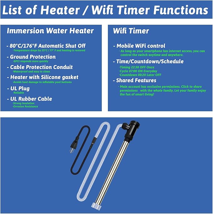 3500W 240V Immersion Water Heater Portable Electric Pool and Hot Tub Submersible Water Heater with Temp Control, WiFi Timer for Bathtub, Baptistry, Swimming pool, above ground pool and Sap