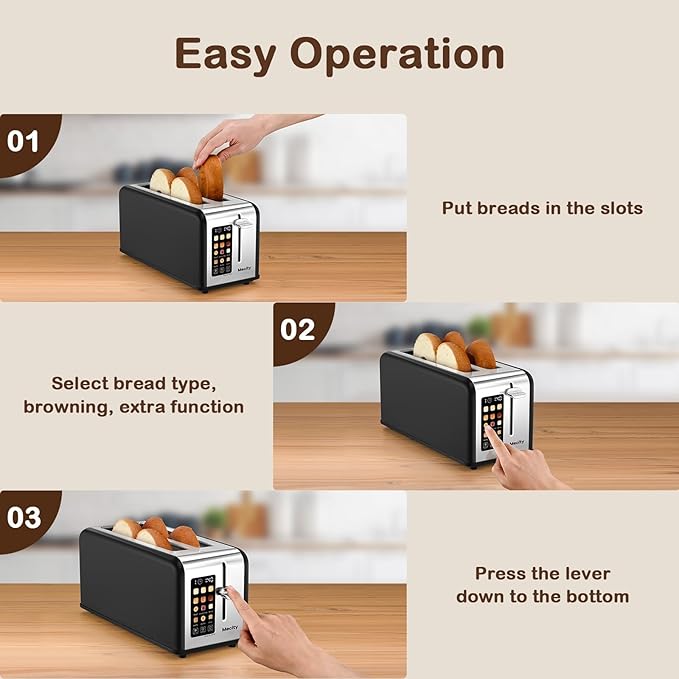 Mecity 4 Slice Toaster with Touchscreen Long Slot, Stainless Steel Smart Bread Toaster for Bagel Muffin Waffle Gluten Free Breads, Timer, Defrost, Reheat, 120V 1400W