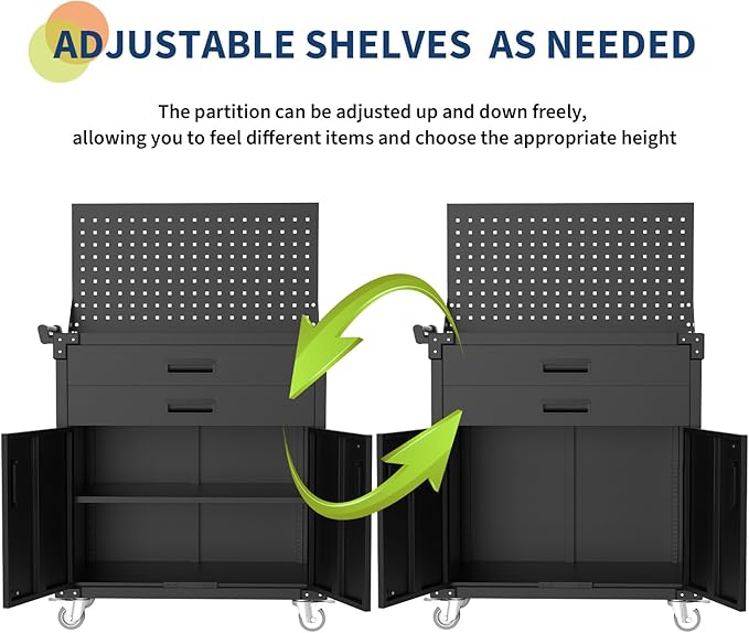 GarveeHome Rolling Tool Cabinet, Heavy Duty Steel Garage Storage Cabinet with 2 Drawers, Pegboard & 4 Wheels, Lockable Tool Cart Workbench for Workshop, Warehouse