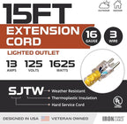 Iron Forge Cable Weatherproof 15 Ft Outdoor Extension Cord - 16/3 SJTW 13 Amp Heavy Duty Highly Visible Yellow Extension Cord 3 Prong - Lighted End