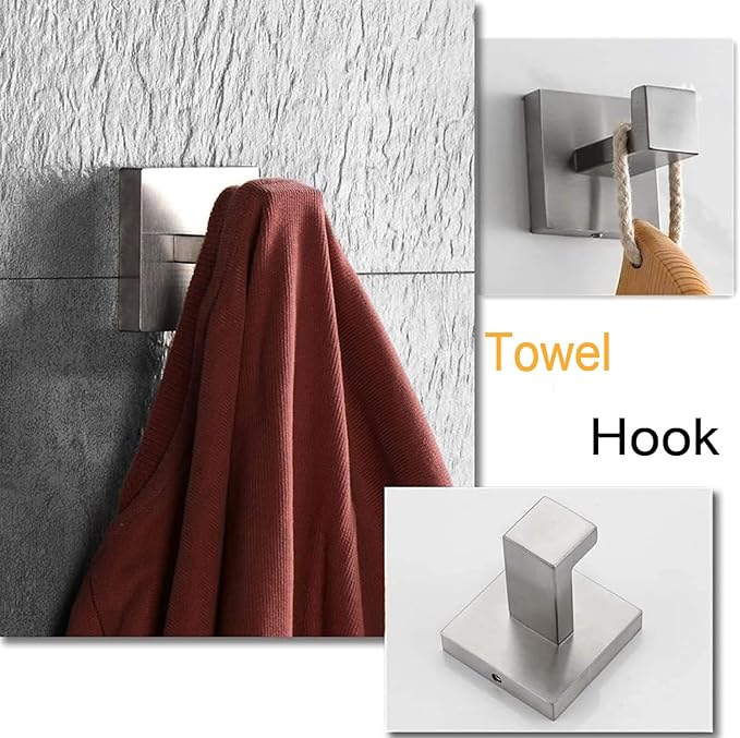 4-Piece Bathroom Hardware Set, Towel Rack Towel Bar Towel Holder Toilet Paper Holder Brushed Nickel Towel Hooks Modern Square Stainless Steel Wall Mounted Bathroom Accessories Set, 23inch