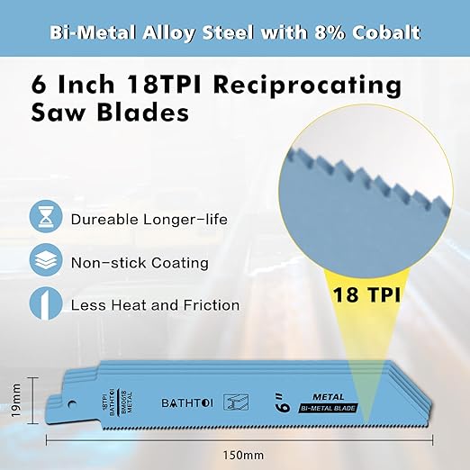 20 Pack 6 Inch 18 Tpi Reciprocating Saw Blades with 8% Cobalt for Longer Life and Faster Cutting Speed, Bi-Metal Sawzall Blades for Sheet Metal, Pipes, PVC Plastic, Profiles Cutting