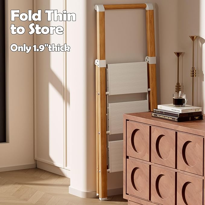 Taranta 3 Step Ladder, Portable Folding Ladder with Wide Pedal, Lightweight Aluminum Step Stool with Convenient Handgrip, 330 lbs Capacity Stepladder for Home, Office - White Woodgrain