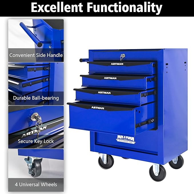 5-Drawer Steel Rolling Tool Cart with Wheels & Handle, Heavy-Duty Tool Chest Storage Cabinet for Garage and Workshop
