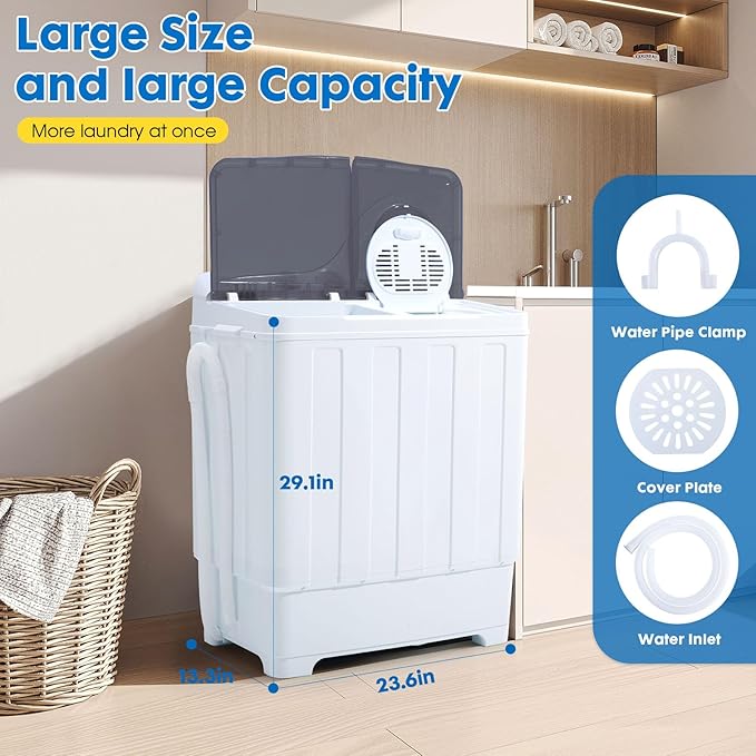 28lbs Portable Washing Machine with 18lbs Wash and 10lbs Spin, Twin Tub Washer Compact Machine with Drain Pump, Mini Portable Washer for Home, Camping, RVs, and Small Spaces, Grey