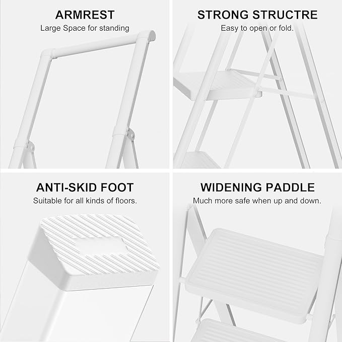 GameGem 5 Step Ladder for 10 Feet High Ceiling, Folding Step Stool Stepladders with Anti-Slip and Wide Pedal for Home and Kitchen Use Space Saving (White)