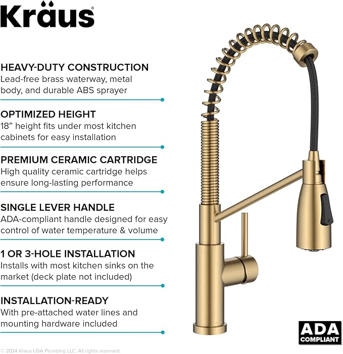 KRAUS Coda Commercial Style 2-Function Single Handle Pull Down Kitchen Faucet in Spot-Free Brushed Brass, KPF-1617BB