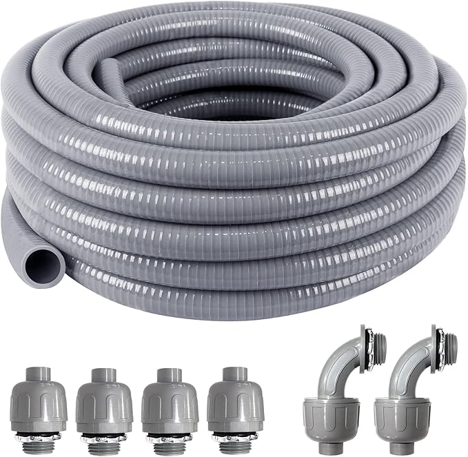 1-1/4inch 25FT Electrical Conduit Kit,Liquid-Tight Conduit and Connector Kit with 4 Straight and 2 Angle Fittings Included,Flexible Non Metallic Conduit(1-1/4" Dia,25 Feet)