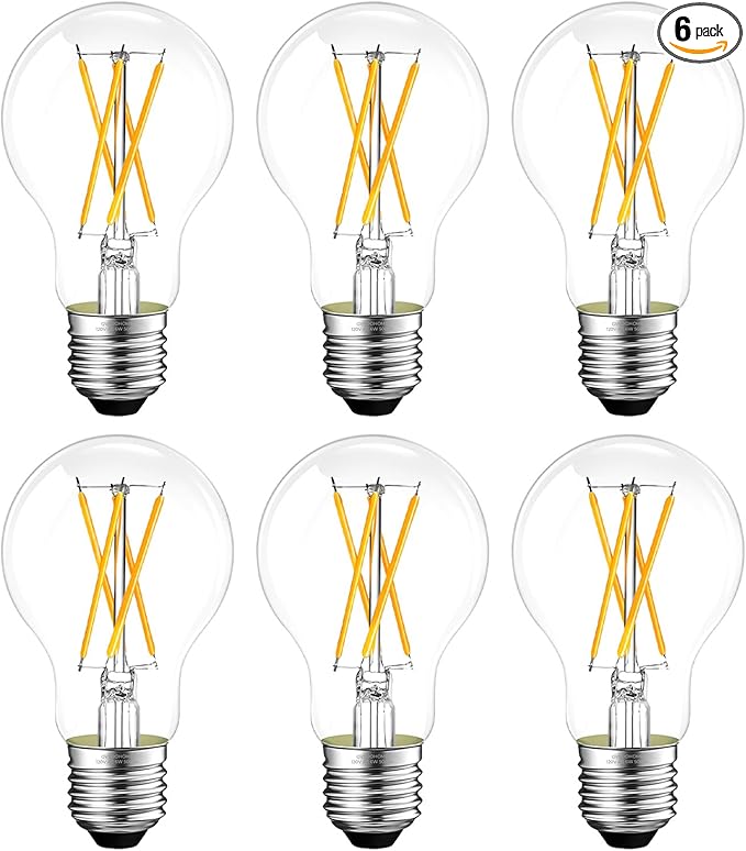 Dimmable E26 LED Bulb 6W, 60 watt Equivalent, A19 Clear Glass LED Light Bulb 5000K Daylight, Vintage LED Edison Bulbs for Ceiling Fan, 90+CRI, 600LM, 6 Pack
