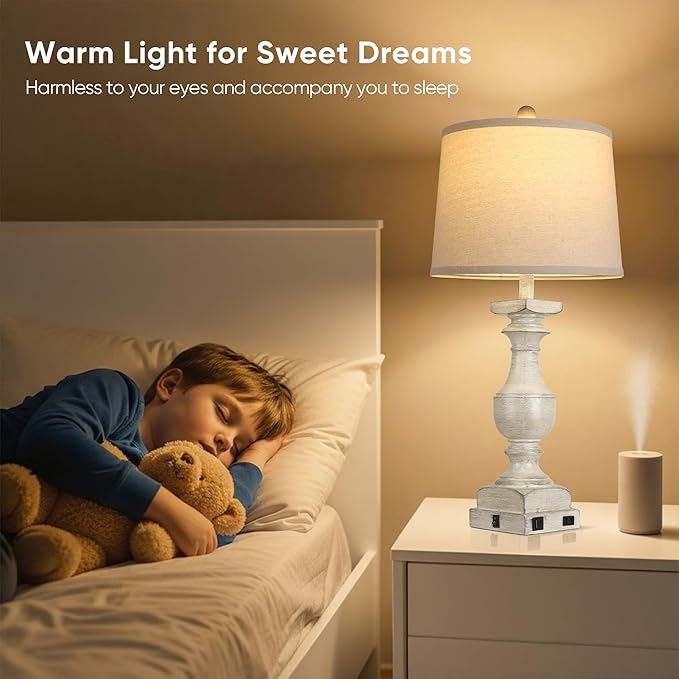 Farmhouse Table Lamp Set of 2, 28'' Bedside Lamps with USB A+C Port, Traditional Nightstand Lamps for Room, Vintage Table Lamp, Desk Lamp for Bedroom, Beige Lampshade, Rocker Switch, Bulb Included