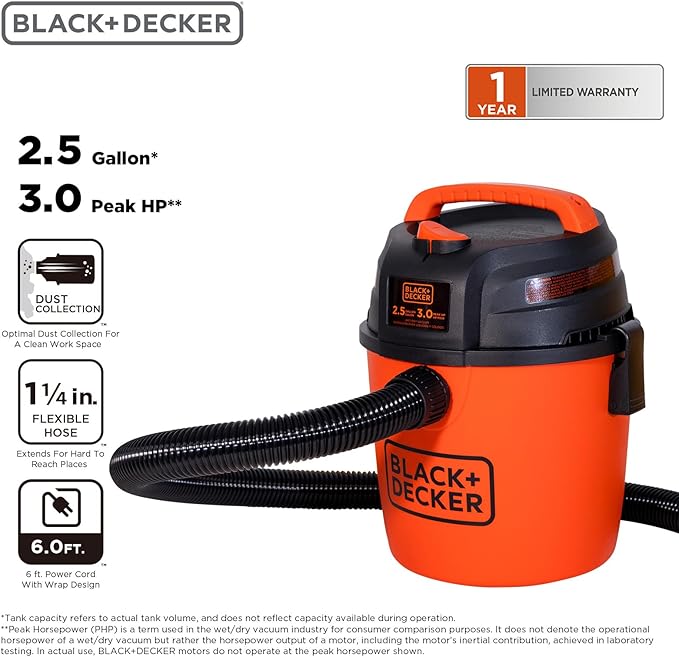 BLACK+DECKER Shop Vacuum, Wet/Dry Mini Shop Vac with Accessories, 2.5 Gallon, 3 Peak HP, Small Vacuum for Garage, Home & Pets, 80 CFM, BDXV18134PA