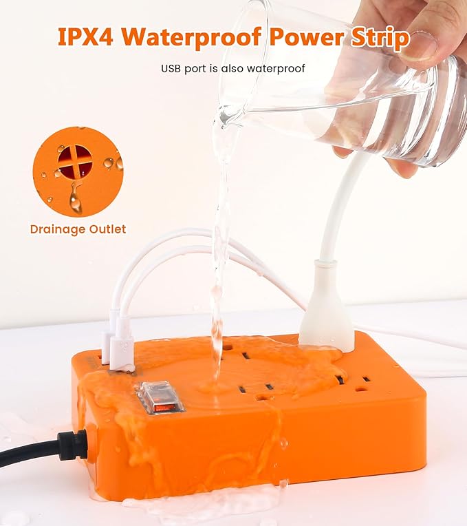 Outdoor Power Strip Weatherproof,Fast Charging Station 20W USB C,Waterproof Surge Protector 4 Outlets, Multi Outlet Extension for Camping, Garden, Kitchen,Bathroom,Flat Plug (Orange, 6 FT Cable)