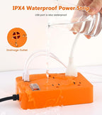 Outdoor Power Strip Weatherproof,Fast Charging Station 20W USB C,Waterproof Surge Protector 4 Outlets, Multi Outlet Extension for Camping, Garden, Kitchen,Bathroom,Flat Plug (Orange, 25 FT Cable)