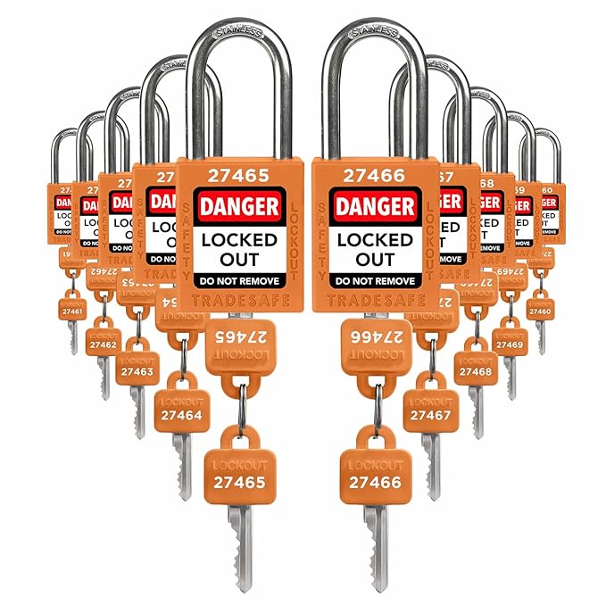 TRADESAFE Lockout Tagout Locks Set - 10 Orange Loto Locks, Lockout Locks Keyed Different, 2 Keys Per Lock, OSHA Compliant Lock Out Tag Out Padlocks, Safety Padlocks for Electrical Lockout Tag Out Kits