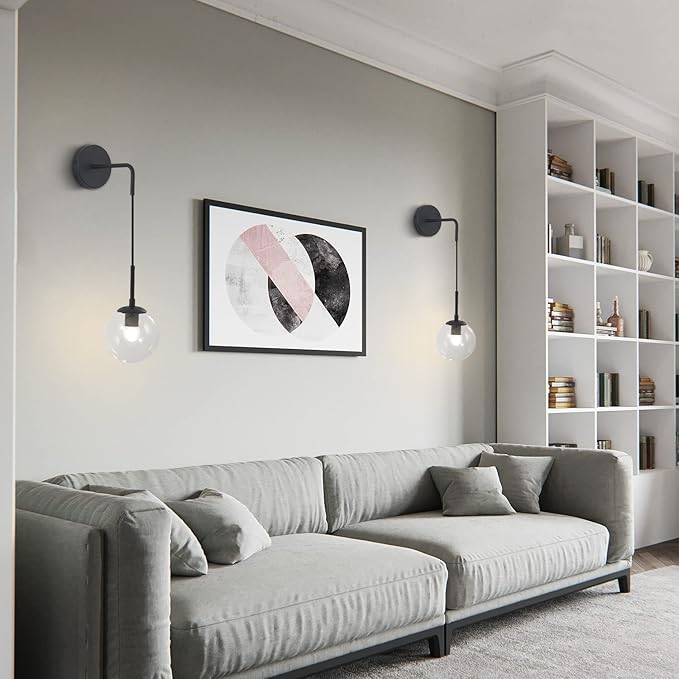 KCO Lighting Black Globe Wall Sconce Set of 2 Mid Century Modern Wall Light with Clear Glass Shade Vintage Adjustable Wall Lamp for Bathroom Mirror Bedside Stairs (Clear)