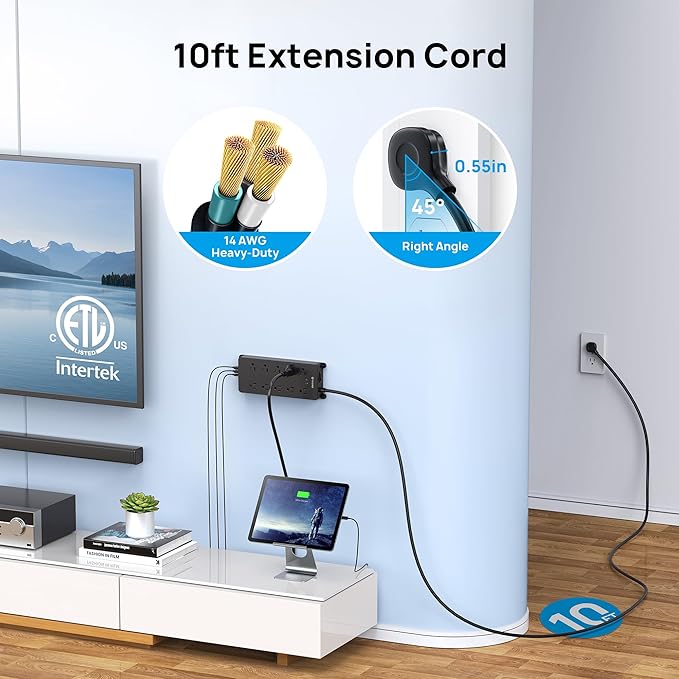TROND Surge Protector Power Strip 10ft, 4000J, ETL Listed, 10 Widely Spaced Outlets, 2 USB A & 2 USB C Ports, Flat Plug Long Extension Cord, Wall Mountable, for Home Office Entertainment, Black