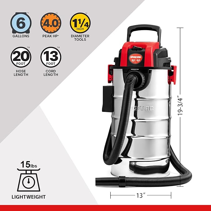 Shop-Vac 6 Gallon 4.0 Peak HP Wet/Dry Vacuum, Wall Mountable Compact Shop Vacuum with 20 ft Extra Long Hose & Accessories - Ideal for Jobsite, Garages, Car & Workshops