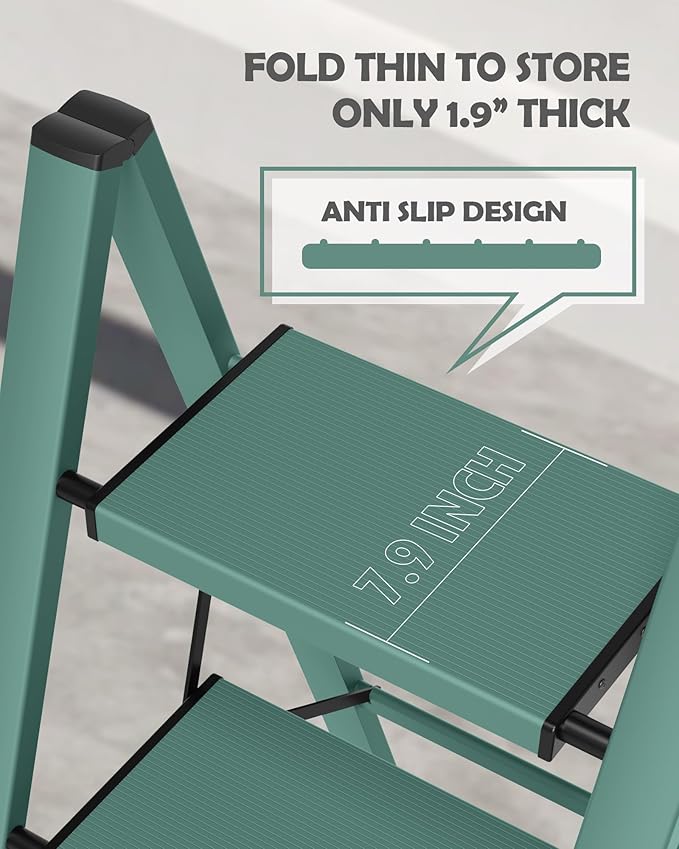 Taranta 4 Step Ladder,Aluminum Lightweight Folding 4 Step Stool with Anti-Slip Wide Pedal,330lbs Capacity Step Ladder for Household,Kitchen,Office - Green