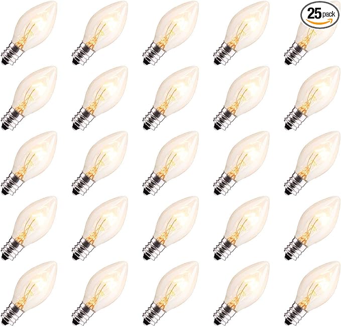 25 Pack Clear Christmas Light Bulbs, E12 Candelabra Base, 5 Watt for String Lights, Replacement C7 Incandescent Bulbs