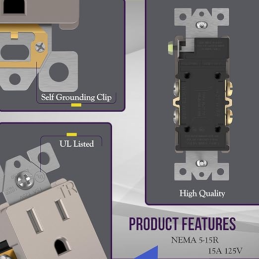 ENERLITES, Nickel Elite Series Decorator Receptacle Outlet Child Safe Tamper-Resistant, Self-Grounding, 2-Pole, Residential Grade, 15A 125V, UL Listed, 61501-TR-NK