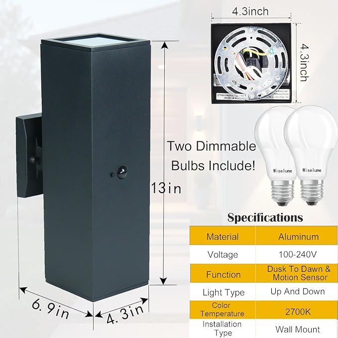 Motion Sensor Outdoor Wall Lights, Dusk to Dawn Porch & Patio Sconce with E26 Dimmable LED Bulbs, Black Aluminum Up & Down Exterior Light Fixtures for Garage, Front Door, ETL Listed