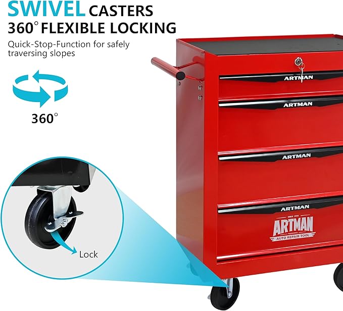 4 Drawers Rolling Tool Box on Wheels, Multifunctional Tool Chest Cabinet with Lock, Drawers Rolling Tool Cart Trolley Organizer Tool Storage Case for Warehouse,Garage,Workshop (Red)