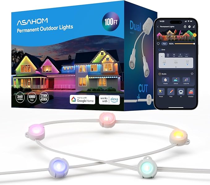 ASAHOM AI Permanent Outdoor Lights S107B, 100FT with 72 RGBCW LED Lights and Dual Output, 30,000 Lighting Effect Combination, IP67 Waterproof for House Halloween Christmas and Daily Decoration, White