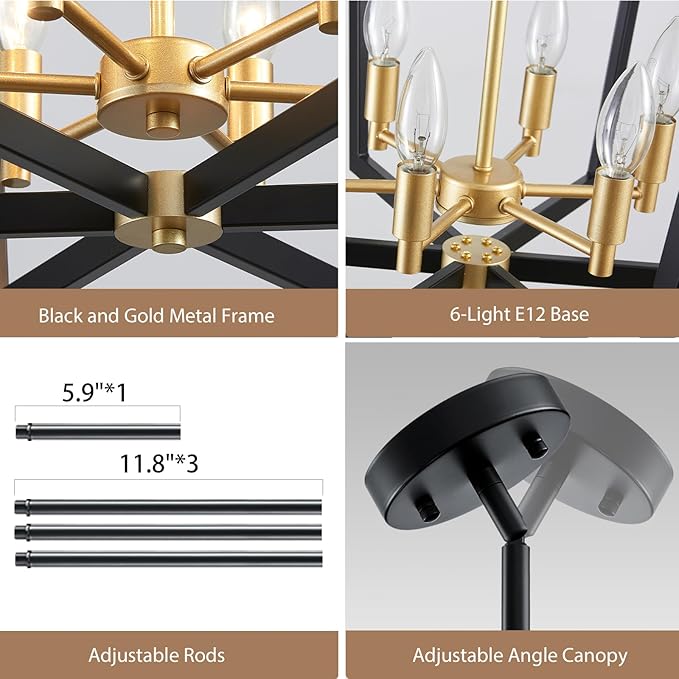 Modern Black Gold Chandelier 6-Light Farmhouse Geometric Pendant Lighting Fixture for Dining Room Living Room Kitchen Island Entryway Bedroom Office, 20" Ceiling Hanging Lamp