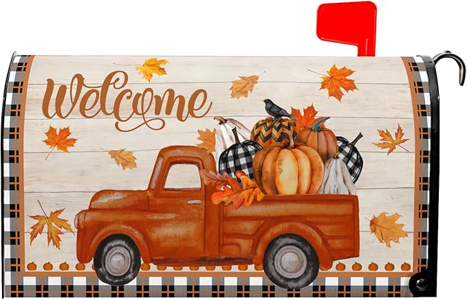 Kawani Fall Mailbox Cover - Autumn Harvest Orange Pumpkin Truck Maple Leaves Magnetic Standard Size 21x18 Inch Thanksgiving Waterproof Post Box Wrap Garden Yard Decor