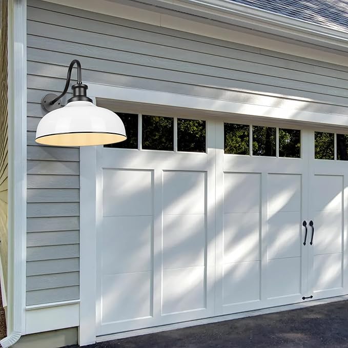 Outdoor Gooseneck Barn Light,16 Inch Dome Outdoor Wall Sconce Farmhouse Exterior Wall Mount Light Vintage Wall Lighting Fixture Industrial Wall Lantern for Porch, Entryway, Garage, RZ007L WH